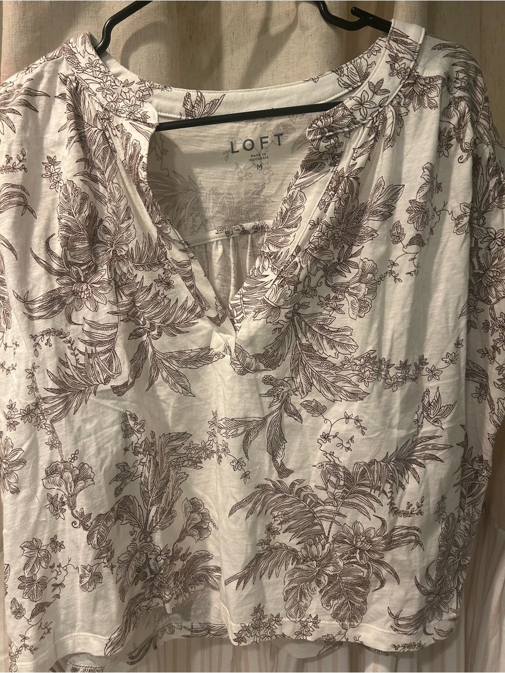 LOFT Cream V-Neck Tunic with Brown Floral Print